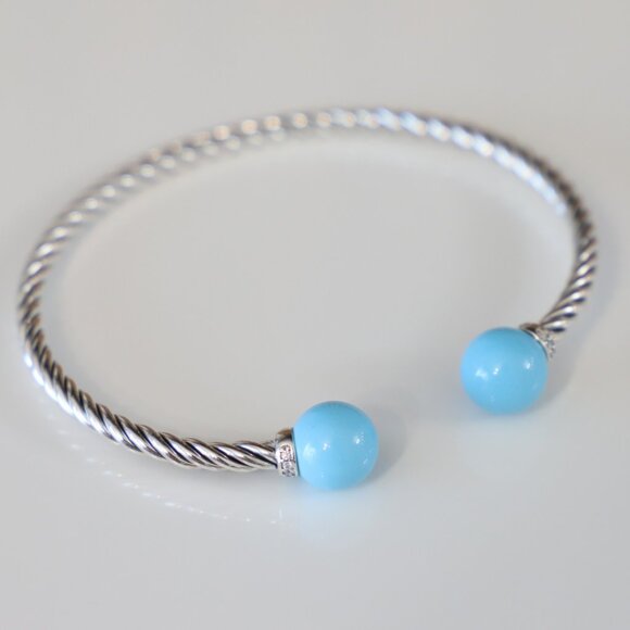 David Yurman Sterling Silver 3.5mm Solari Bracelet Turquoise with Diamonds - Picture 2 of 7